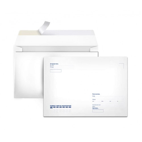 Белый почтовый конверт Е65 (110*220) адресная сетка "Кому-Куда", лента, немаркированный, оптом
